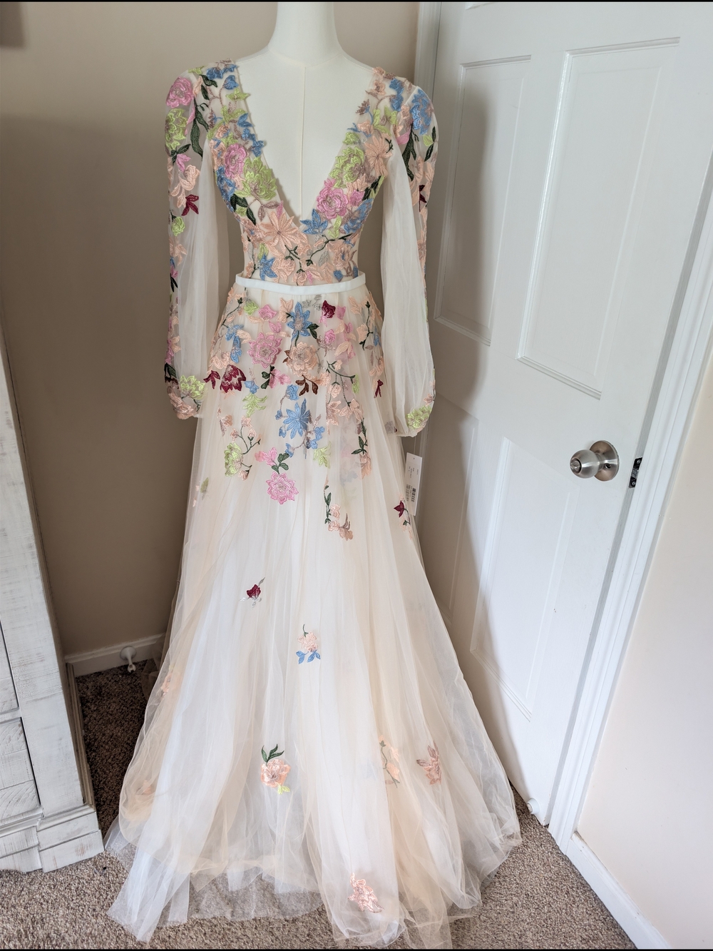 NWT Jovani 40027 Floral Embroidered Illusion Long Sleeve Gown Nude Multi 6